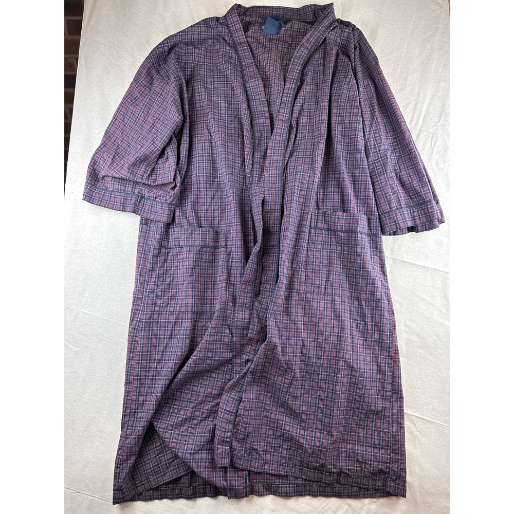 Stafford Mens Plaid Robe Navy Burgundy‎ Cotton Blend One Size OSFM 14820-5